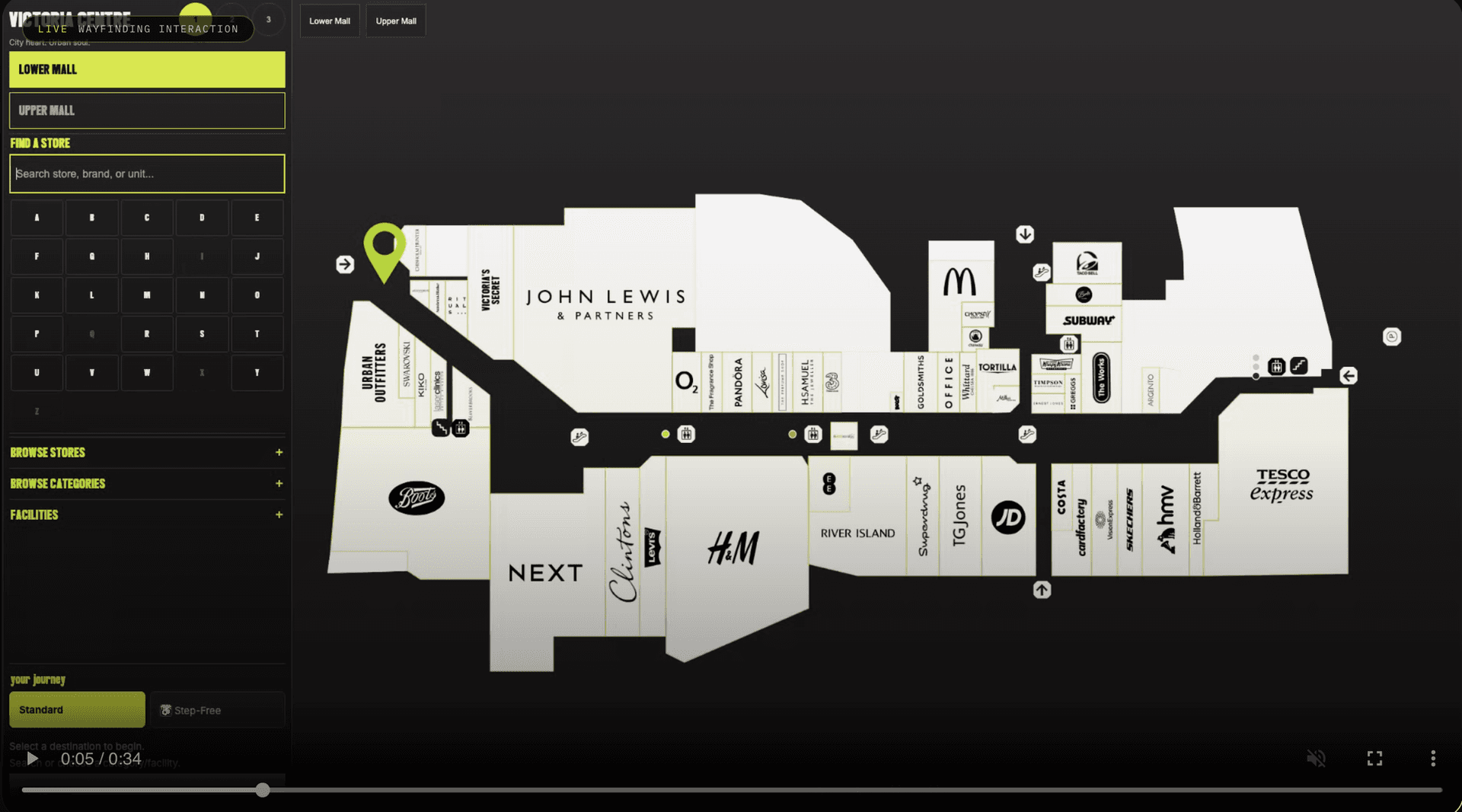 Victoria Centre wayfinding — store browse and navigation interface