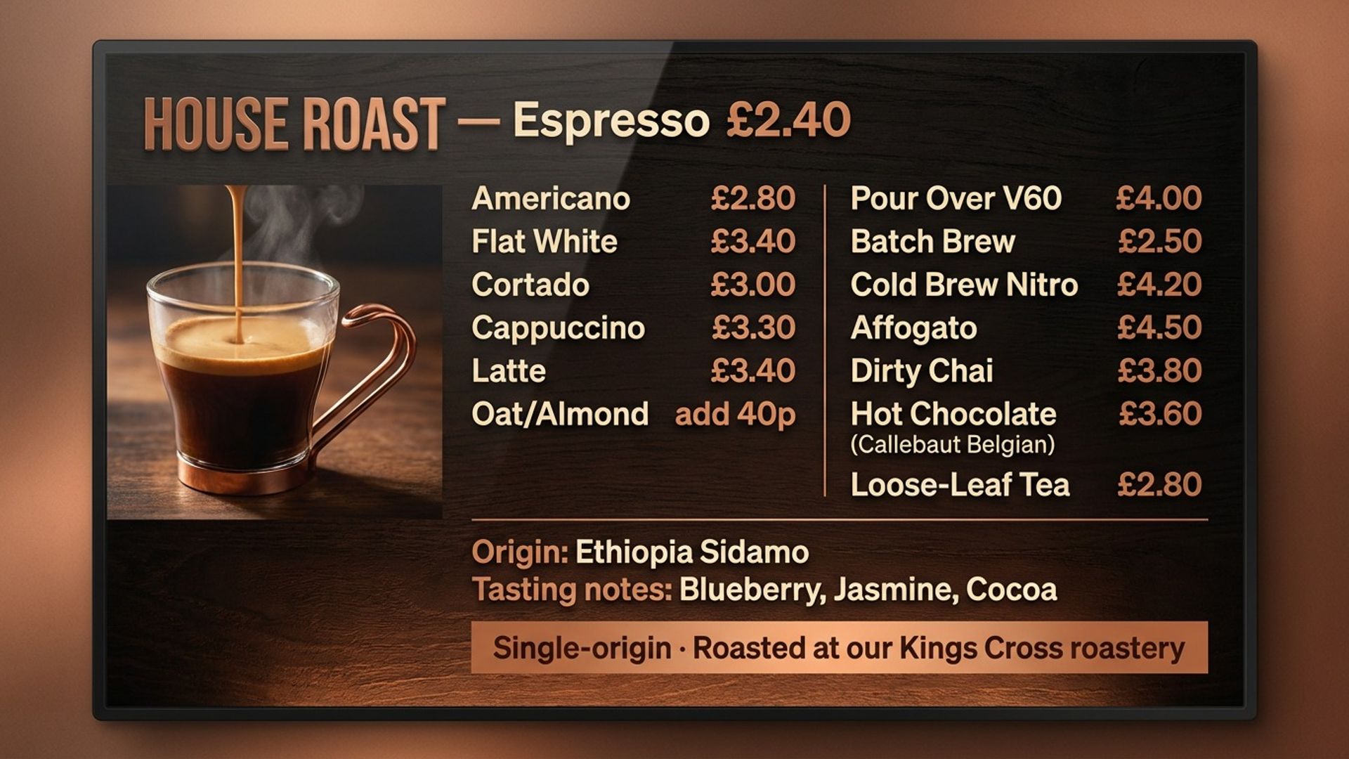 digital menu screen showing coffee menu design